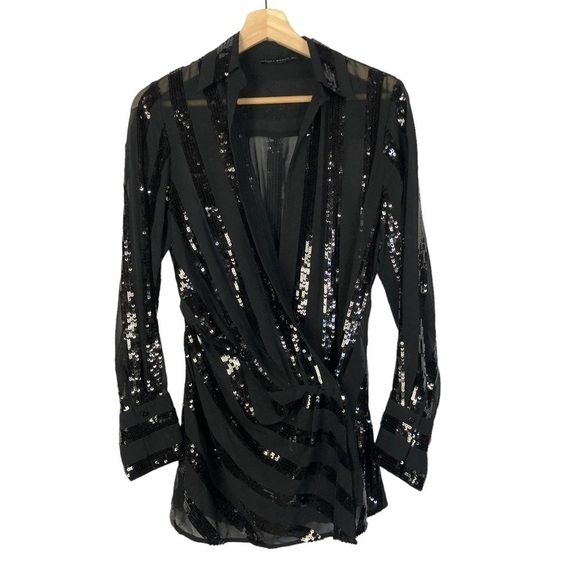 Zara Black Draped Sequin Wrap Long Sleeve Blouse S - Picture 2 of 5
